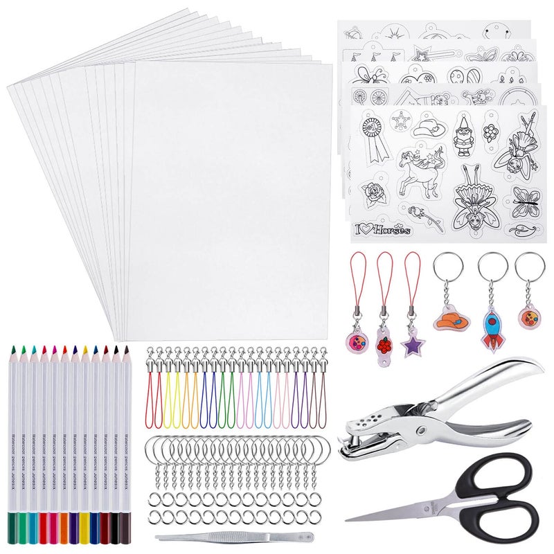 shynek Shrinky Film Sheets for Shrink Art, 125Pcs Shrinky Plastic Keychain Kit Including 20 Pcs Shrinky Paper, Hole Punch, Pencils, Keychains, Tweezers, Scissors for Crafts and Keychains - Image 1